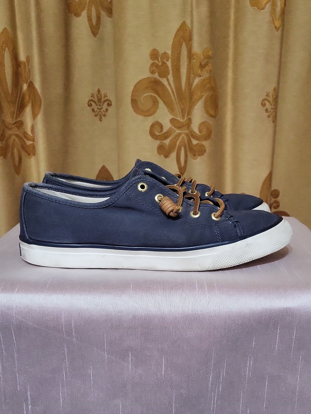 Sperry Navy Canvas Low-Top Sneakers with Tan Leather Laces and Gold Eyelets